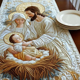 Quilted Table Runner - Holy Family in White and Gold