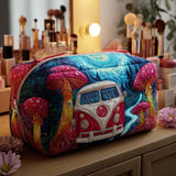 Quilted Makeup Bag with Minibus and Colourful Mushrooms