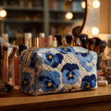 Quilted Makeup Bag with Blue Pansies