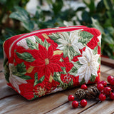 Quilted Makeup Bag with Red and White Poinsettias