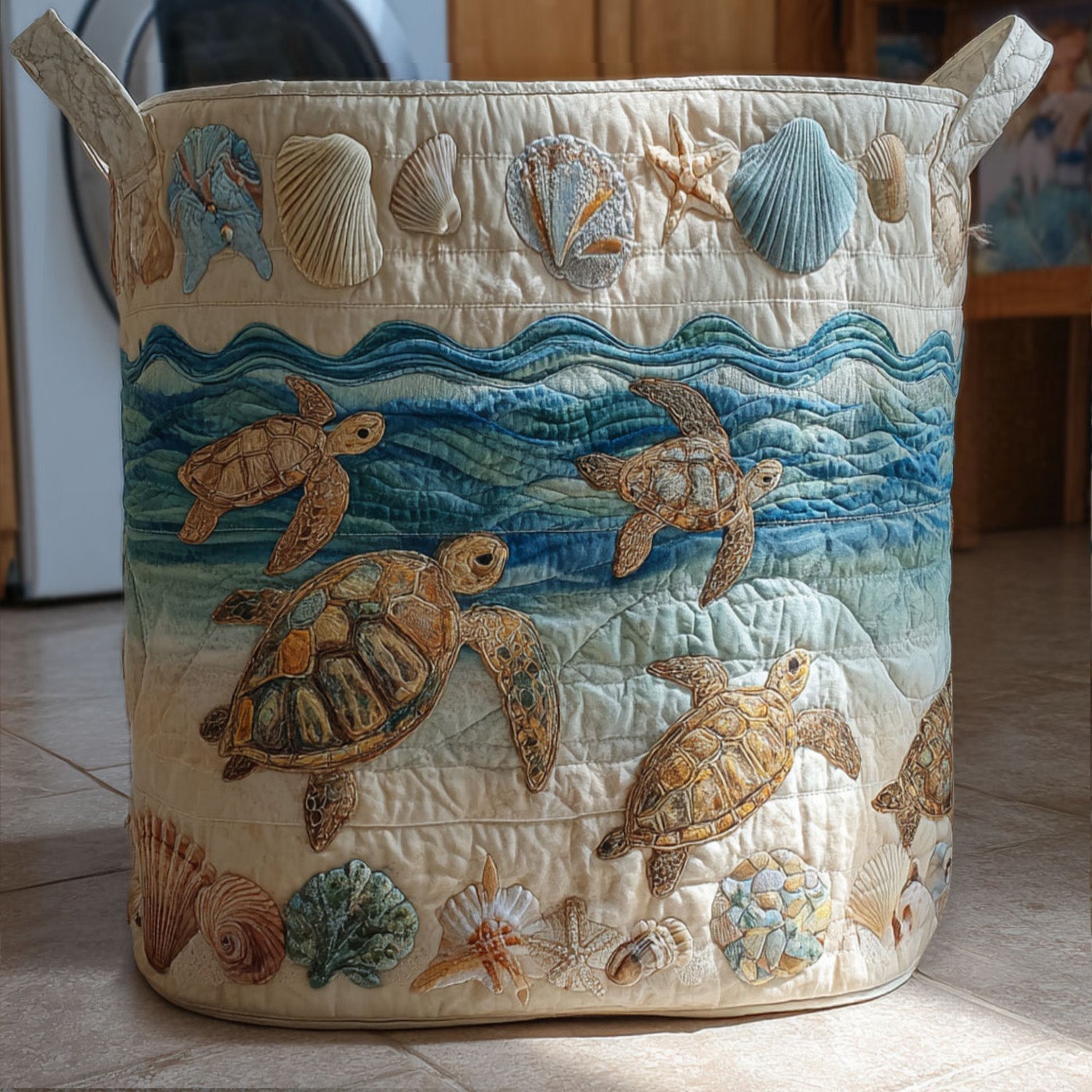 Quilted Laundry Hamper - Sea Turtle