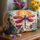 Quilted Makeup Bag with Dragonfly and Wildflowers