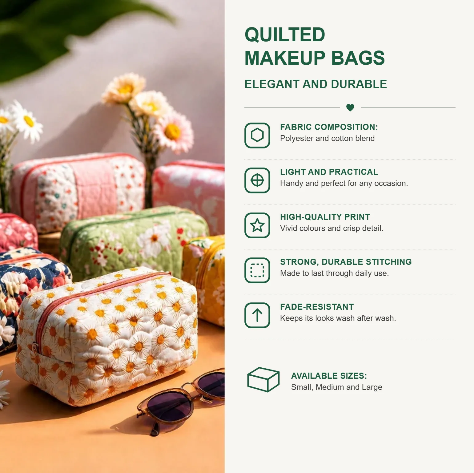 Quilted makeup bag features - fabric, print quality, stitching and fade resistance
