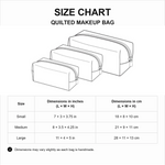 Quilted makeup bag size chart - Small, Medium and Large in inches and cm