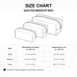Quilted makeup bag size chart - Small, Medium and Large in inches and cm